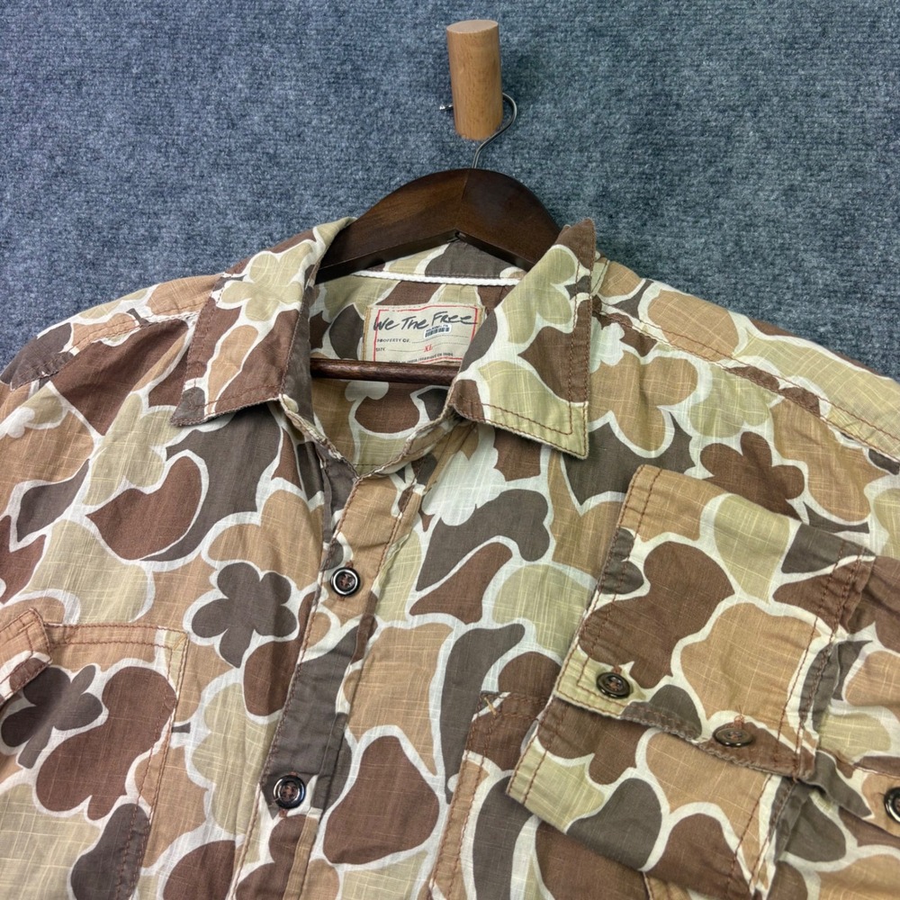 We The Free Button Down Shirt Womens XL Brown Camo Floral Cotton Top Long Sleeve
